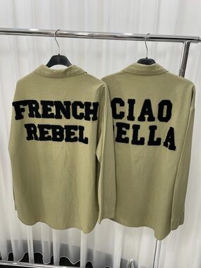 Olive Green Button-Down Shirt with Black Chenille Lettering